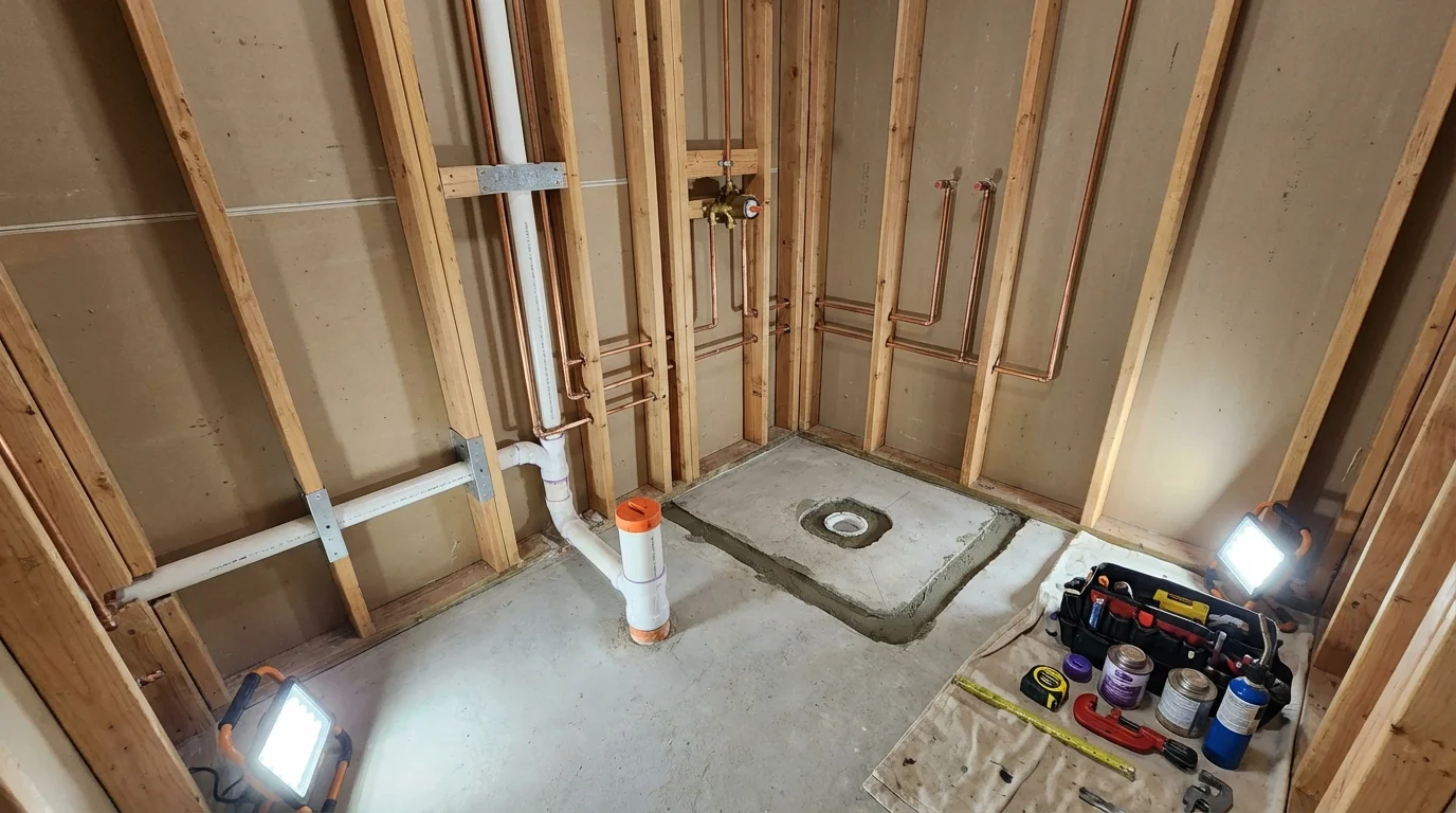 Bathroom rough-in plumbing during remodel by Johns Plumbing LLC in Glen Ellyn