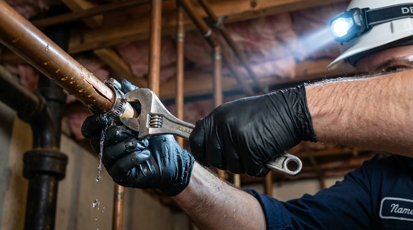 Emergency pipe clamp repair being performed by a Johns Plumbing LLC plumber in Glen Ellyn
