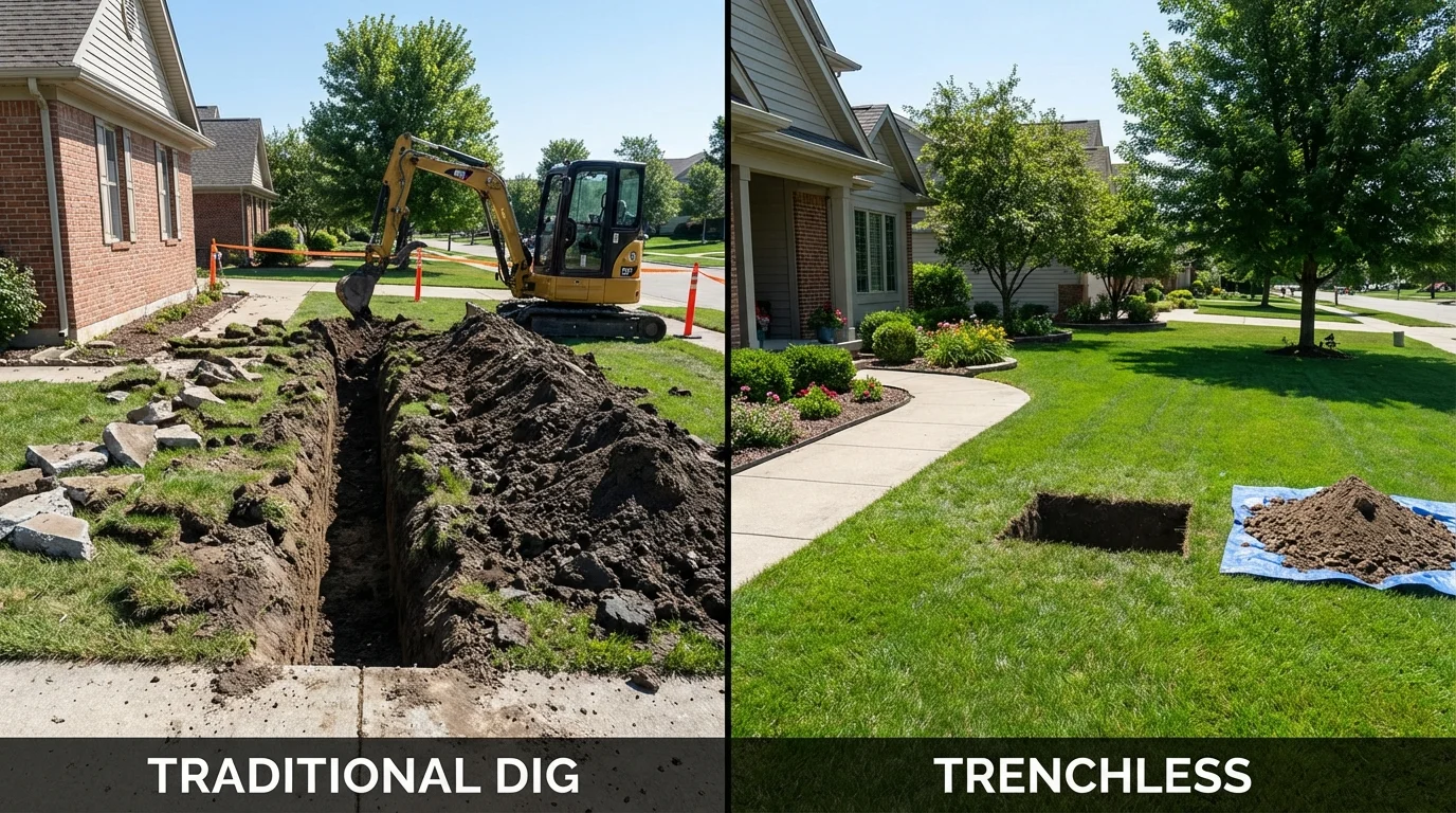 Trenchless sewer repair with minimal yard damage versus traditional excavation in Glen Ellyn, IL